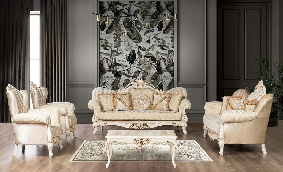 Luxury Baroque Coffee Table Cream / Gold - Handcrafted Solid Wood Living Room Table in Baroque Style - Baroque Living Room Furniture
