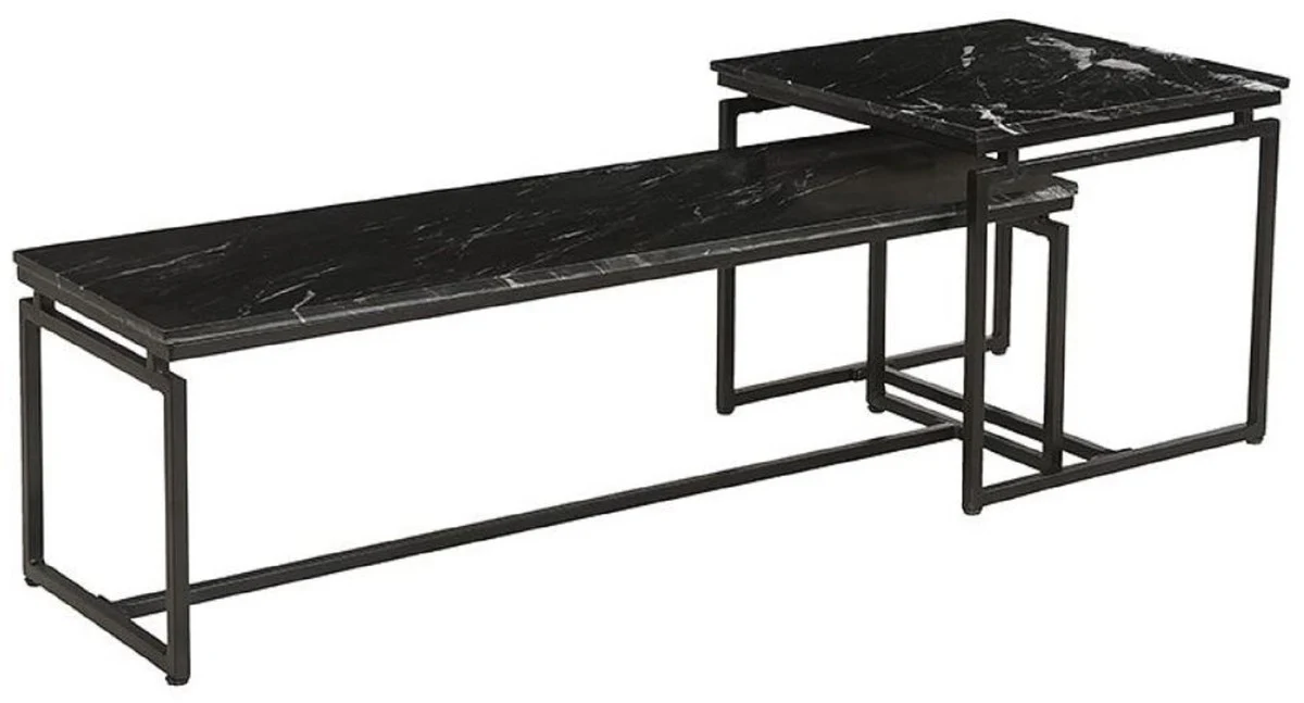 Luxury Coffee Table Set of 2 Black - Metal Living Room Tables with Marble Top - Living Room Furniture - Luxury Furniture