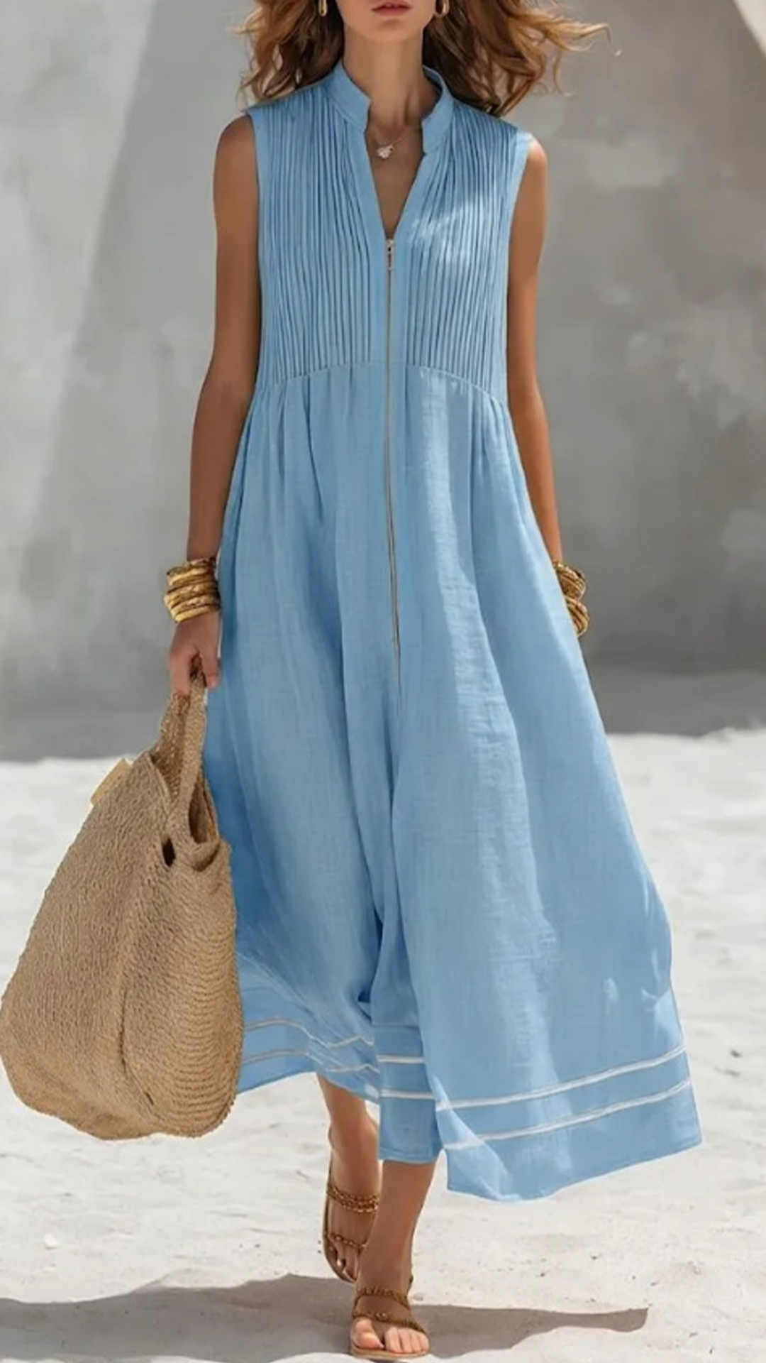 Women's Cotton-Blend Light Blue Stand-Collar Pleated Sleeveless Dress - Nordfashionstorm - Women's Clothing, Fashion for You - Nordfashionstorm.com