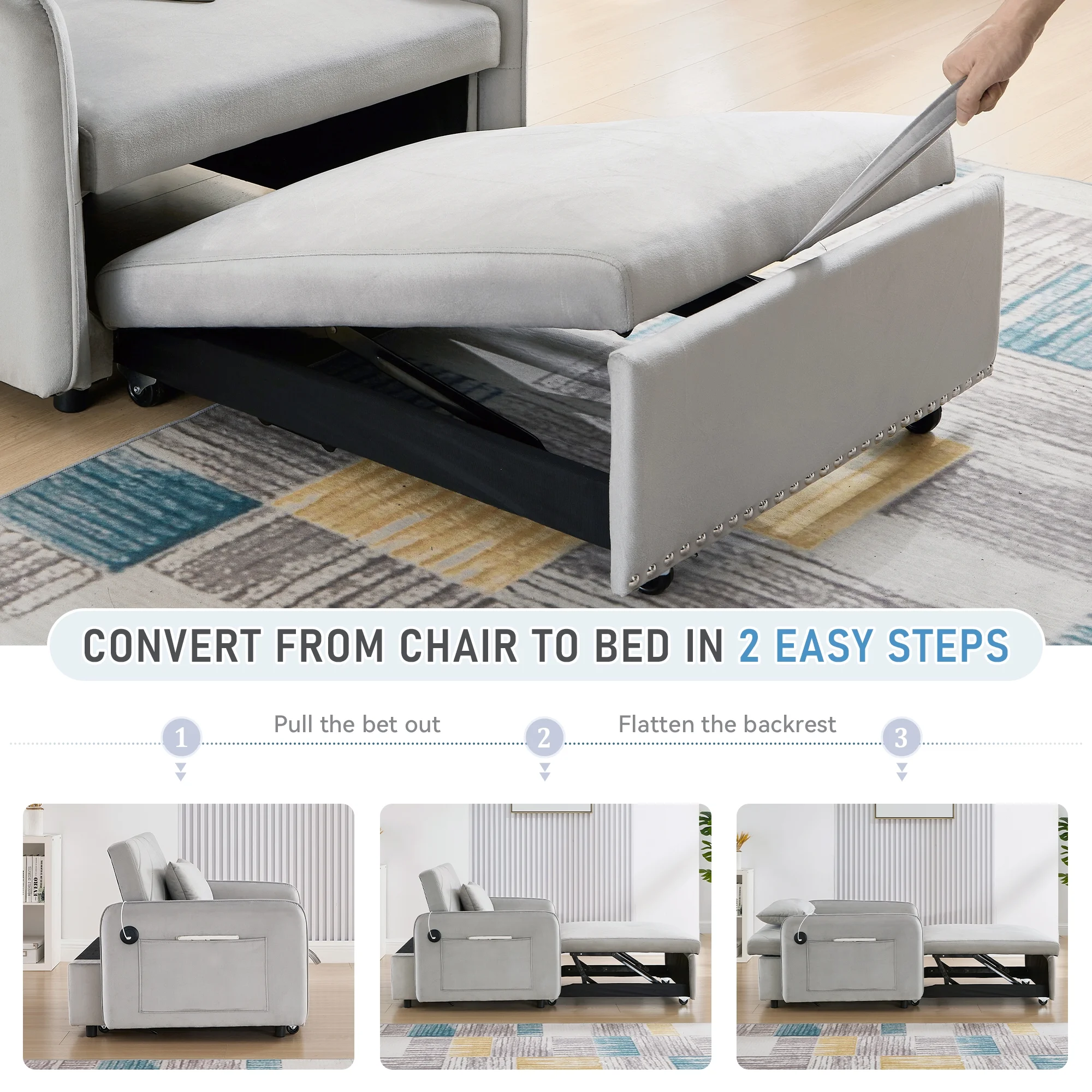 Lunale 3 - in - 1 Convertible Sleeper Chair Bed, Indoor Lounge Chair with USB/Type - C Charging Ports, Modern Recliner Sofa for Living Room, Gray Velvet