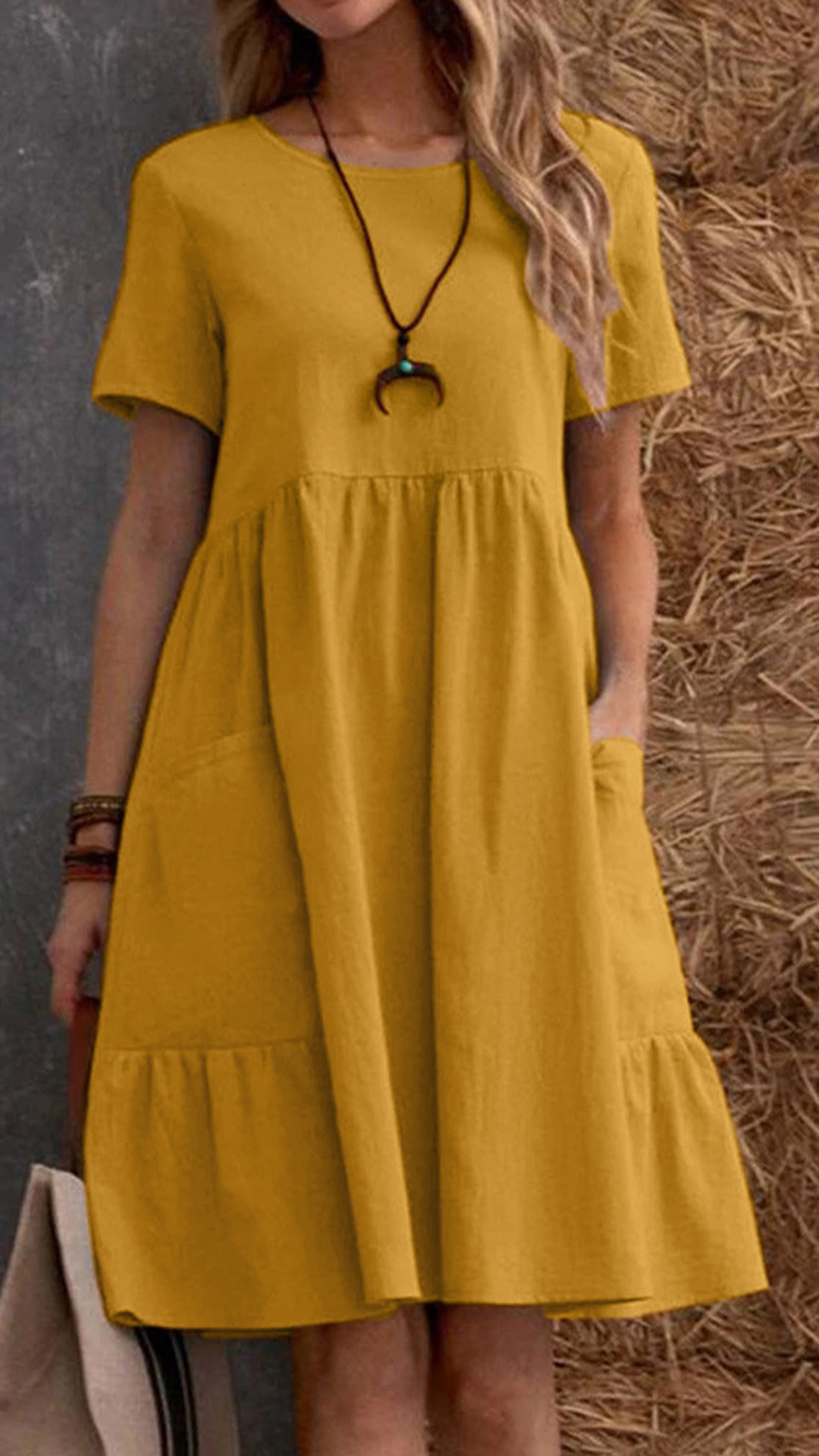 Women's Cotton-Linen Round Neck Ruffle Hem Dress - Nordfashionstorm - Women's Clothing, Fashion for You - Nordfashionstorm.com