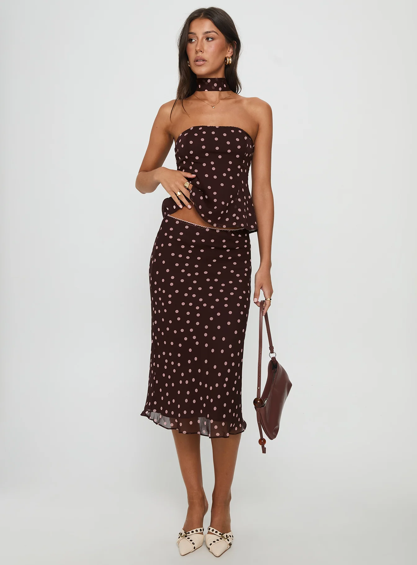 Sydni Midi Bias Cut Skirt Chocolate / Pink Polka