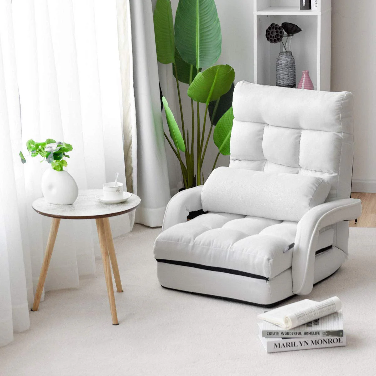 BEFOUNDLOVELY Folding Floor Chair with 6-Position Adjustable Backrest, Armrests & Removable Pillow