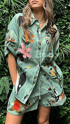 Women's Mint‑Green Floral‑Print Collared Short‑Sleeve Shirt & Shorts Set - Nordfashionstorm - Women's Clothing, Fashion for You - Nordfashionstorm.com