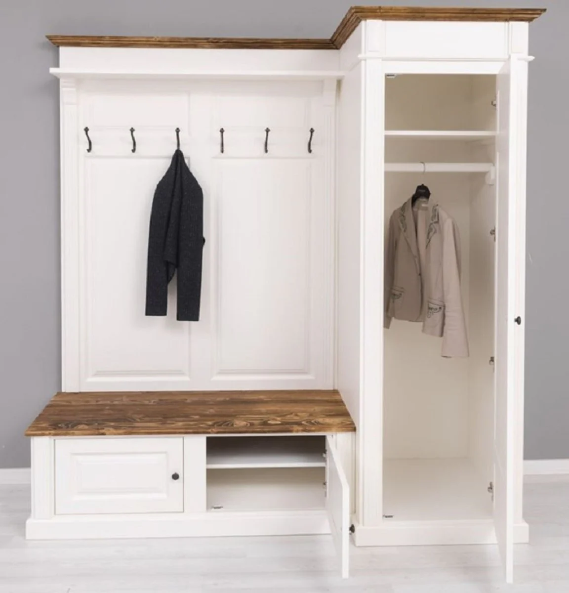 Country house style wardrobe white / brown 205 x 65 x H. 210 cm - solid wood wardrobe - hallway cabinet - wardrobe furniture - solid wood furniture - country house style furniture