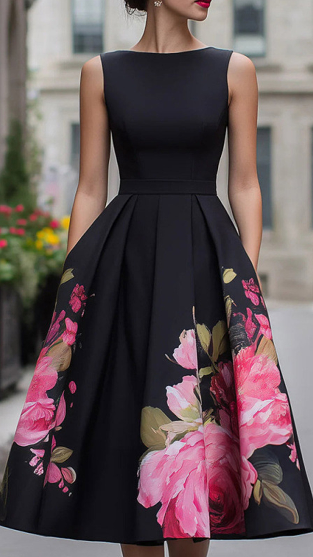 Women's Cotton-blend Black Art Floral Print Sleeveless Waist-cinched Flared Midi Dress - Nordfashionstorm - Women's Clothing, Fashion for You - Nordfashionstorm.com