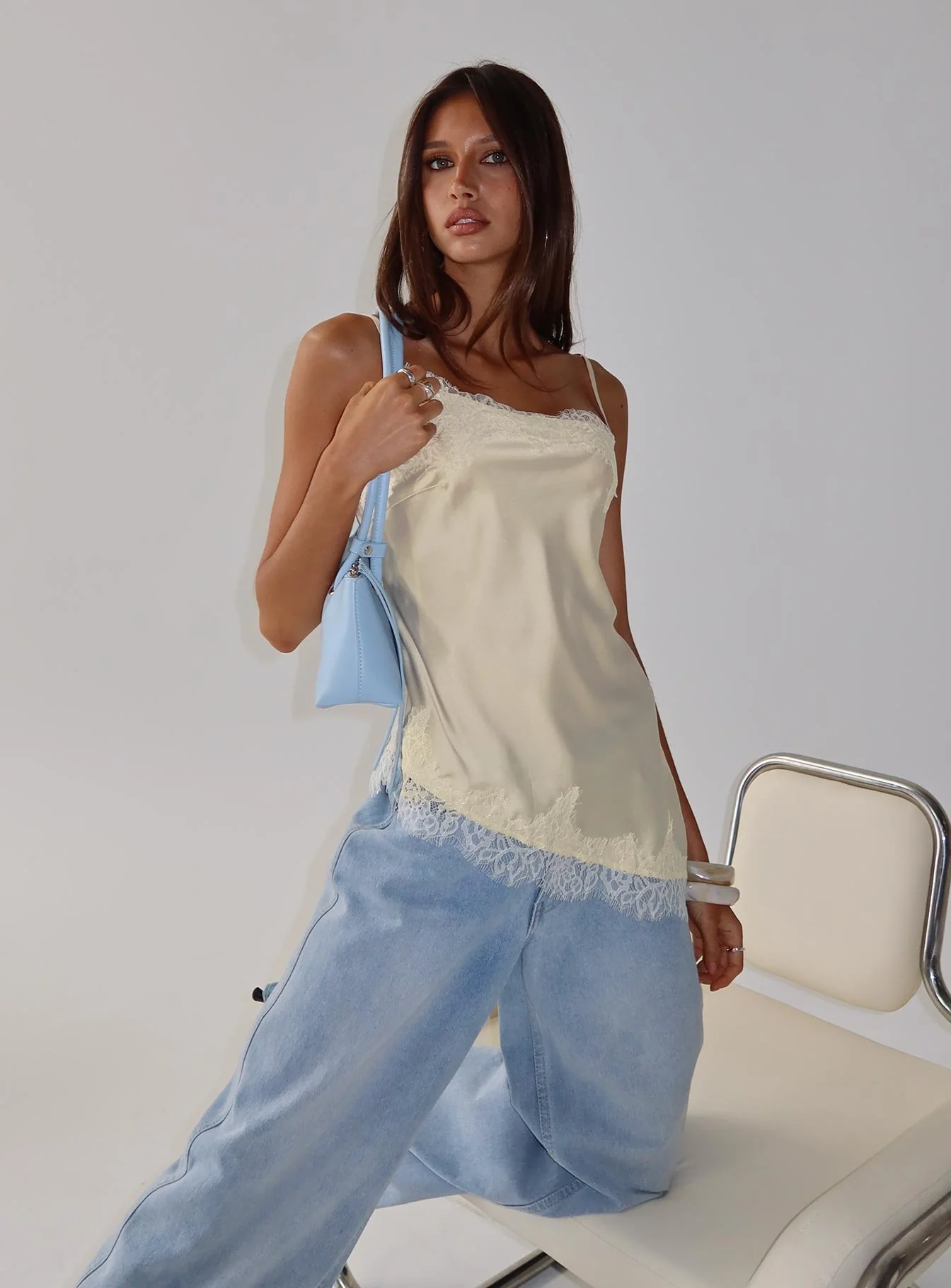 Winta Lace Trim Asymmetrical Satin Top Cream