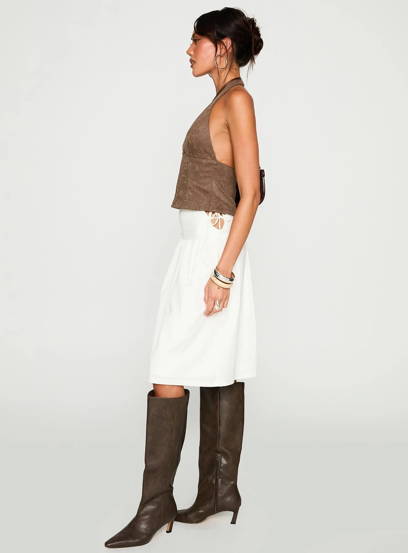 Snowflakes Tie Side Midi Skirt White