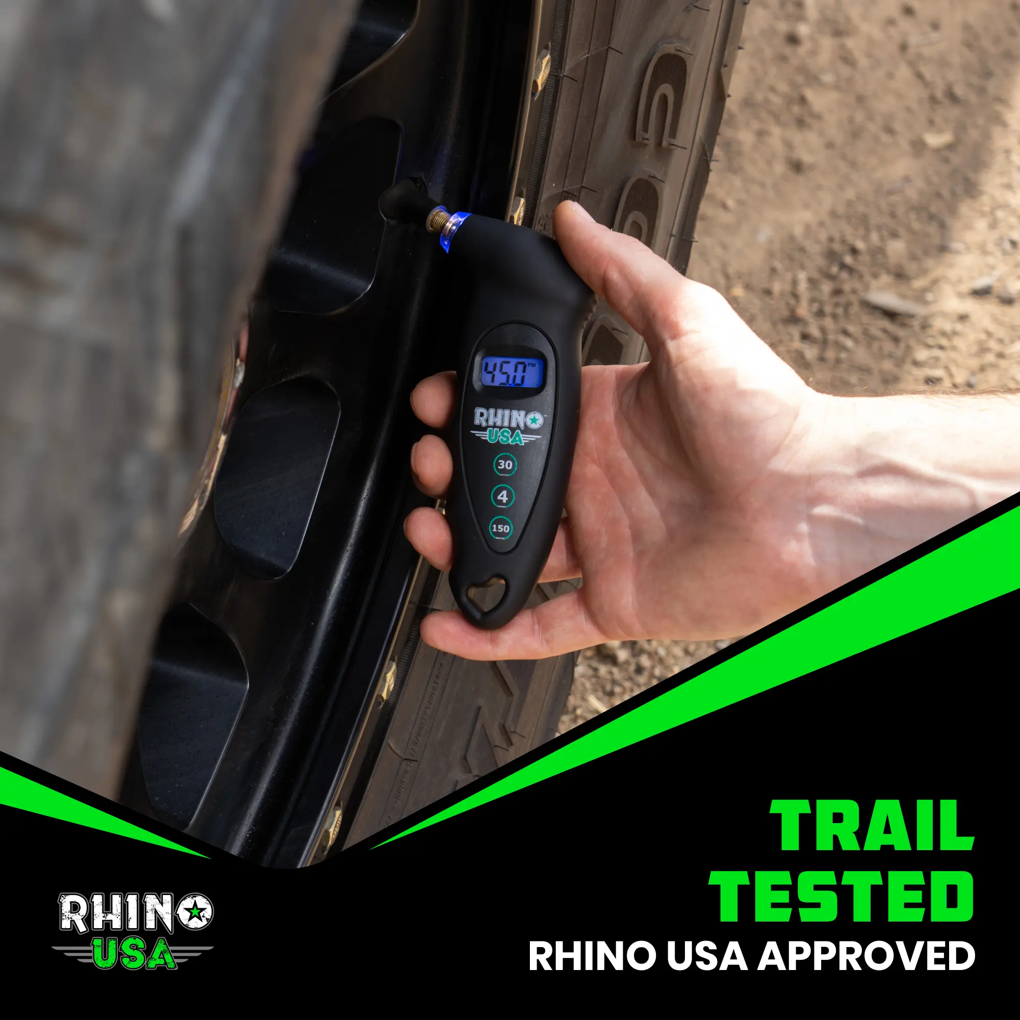 Rhino USA Digital Tire Pressure Gauge 150 PSI, 4 Ranges, Ergonomic Design with Lighted Nozzle & LCD Backlit Display - Certified Accurate Readings