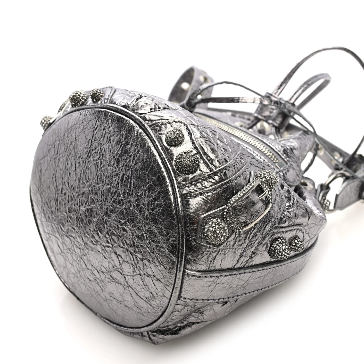 Metallic Agneau Arena Crystal Le Cagole Bucket Bag XS Silver - Top Club
