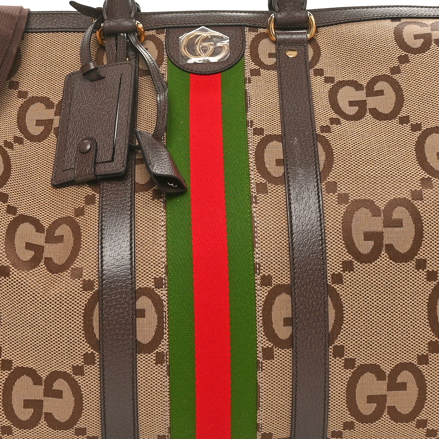 Monogram Jumbo GG Textured Dollar Calfskin Web Large Duffle Bag Camel Ebony - Top Club