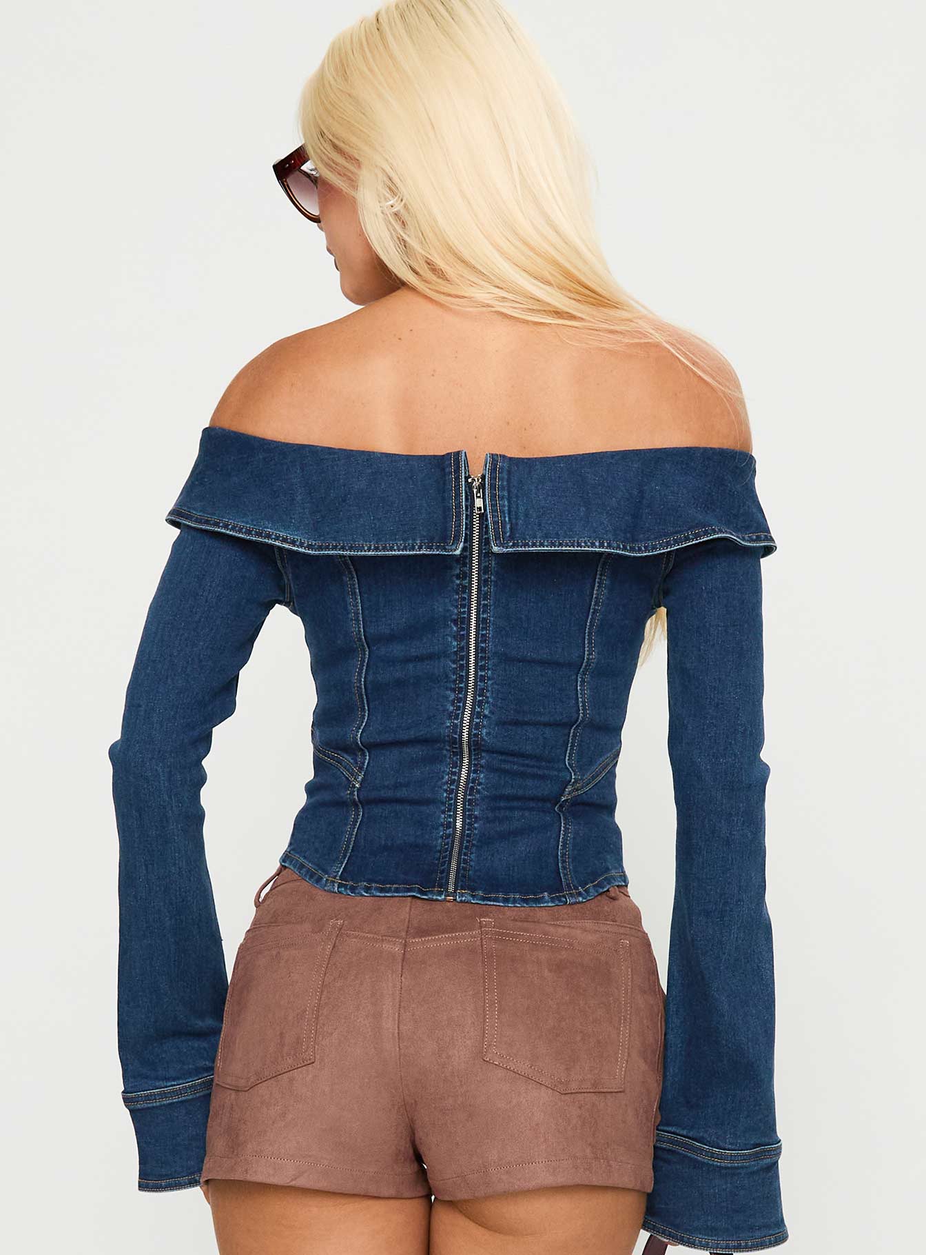 In The Crowd Off Shoulder Top Dark Denim