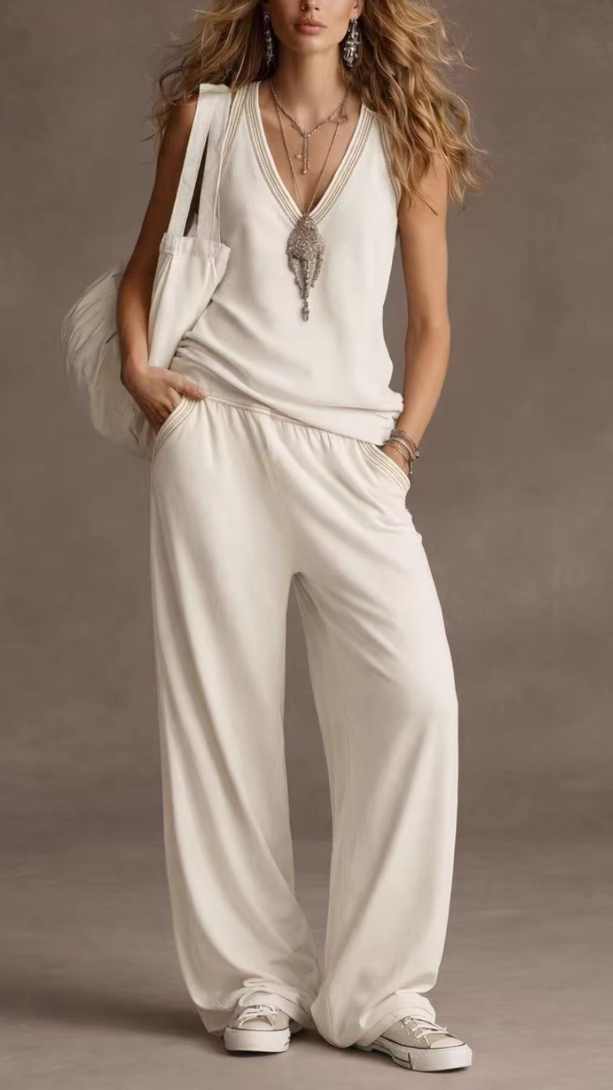 Women's V-Neck Sleeveless Wide-Leg Pants Two-Piece Set - Nordfashionstorm - Women's Clothing, Fashion for You - Nordfashionstorm.com