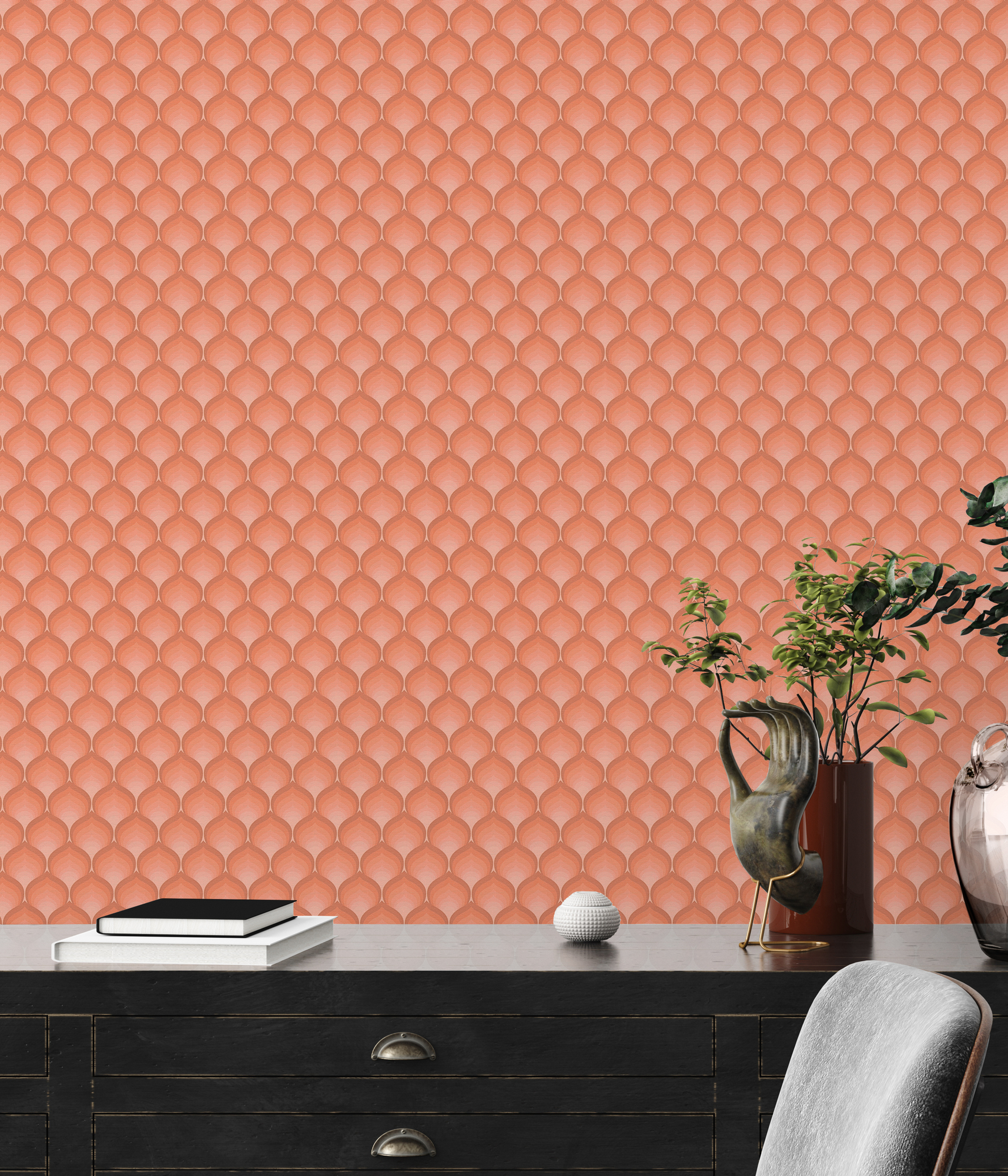 Retro vliesbehang met schubbenpatroon in warme kleuren – oranje, rood, roze #1