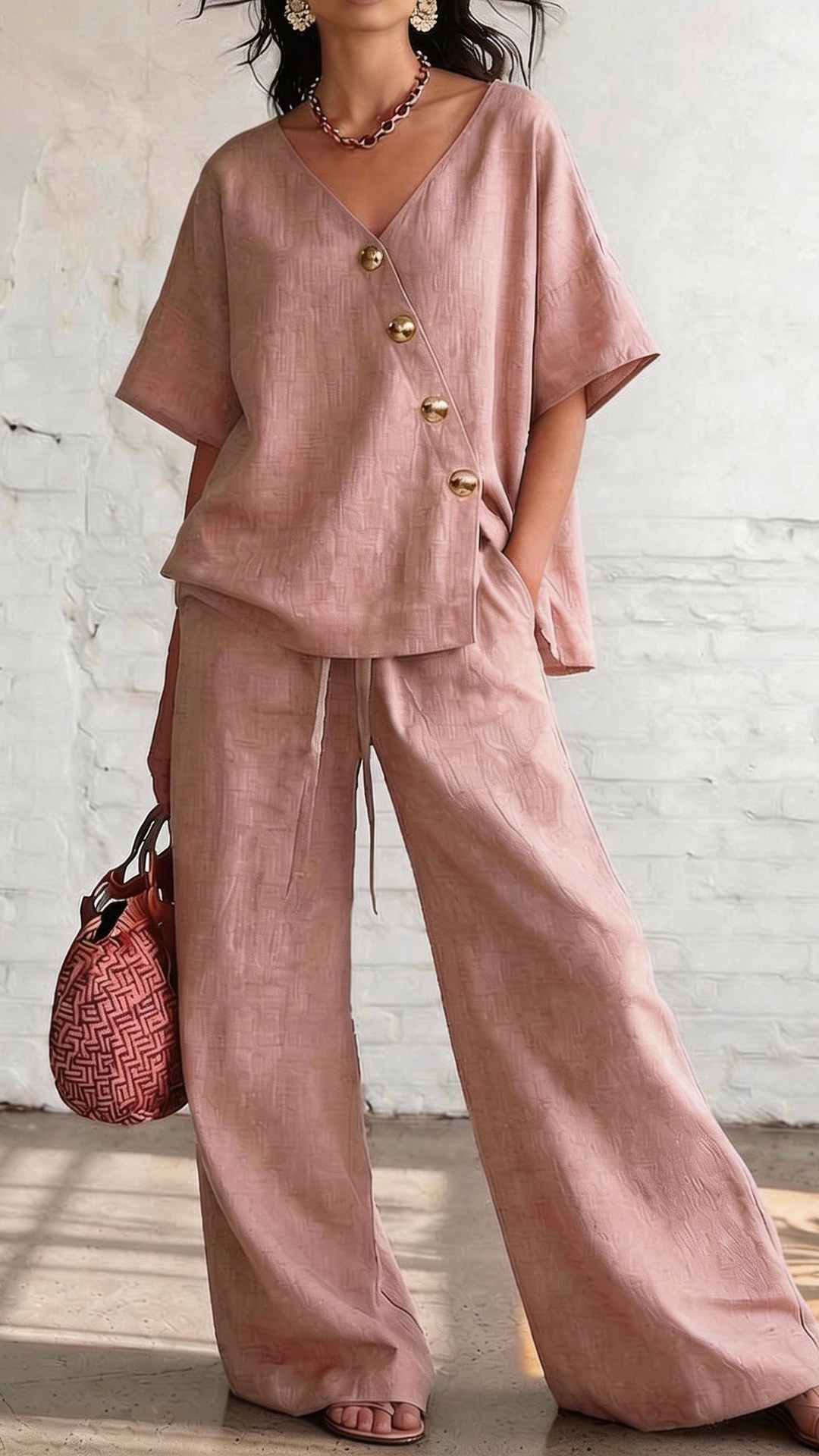 Women's Casual Vacation Loose Cotton Linen V-Neck Wide-Leg Pants Two-Piece Set - Nordfashionstorm - Women's Clothing, Fashion for You - Nordfashionstorm.com