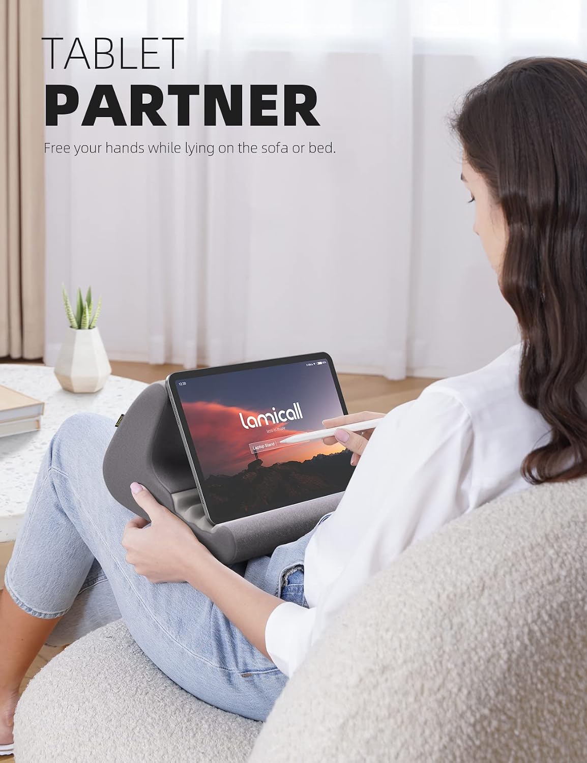 Lamicall Tablet Stand Pillow Holder - Tablet Pillow Soft Pad for Bed, Lap Phone Stand with Stylus Mount & Pocket, for iPad Pro 12.9, Air, Mini, Kindle, Galaxy Tab and 4-13