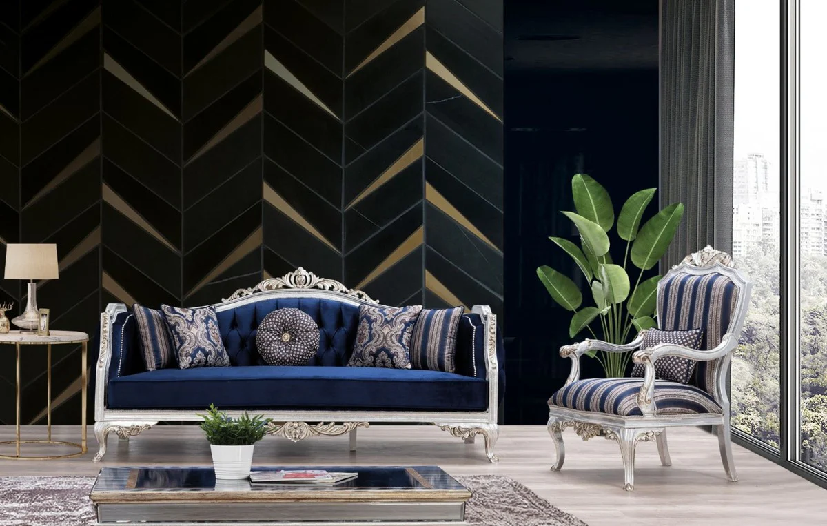 Luxury Baroque Living Room Set Blue / Silver / Gold - 2 Sofas & 2 Armchairs & 1 Coffee Table - Living Room Furniture in Baroque Style - Noble & Magnificent