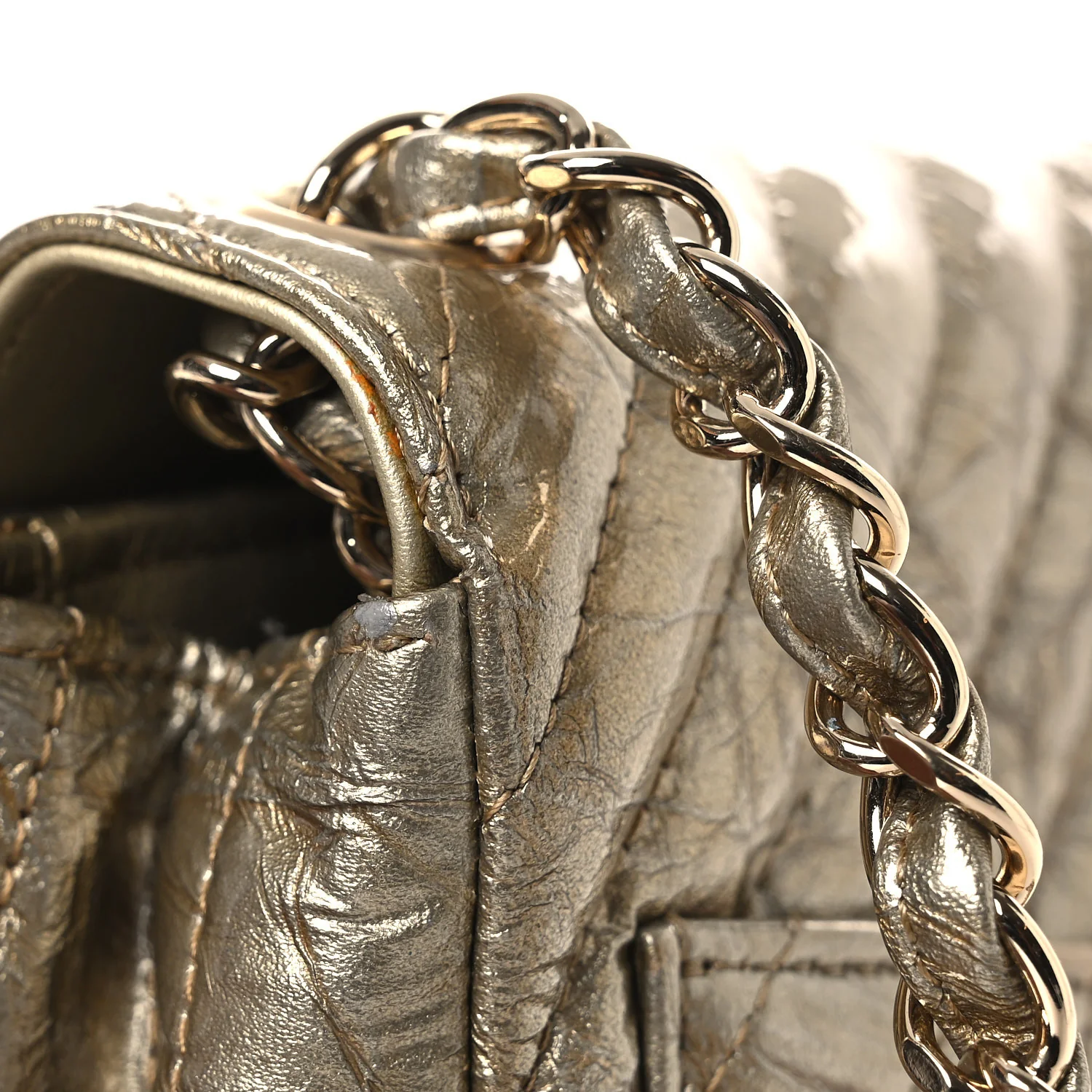Metallic Crumpled Calfskin Chevron Quilted Mini Square Flap Gold - Top Club