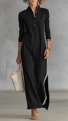 Women's Black and White Striped Sporty Stand-Collar Maxi Dress - Nordfashionstorm - Women's Clothing, Fashion for You - Nordfashionstorm.com
