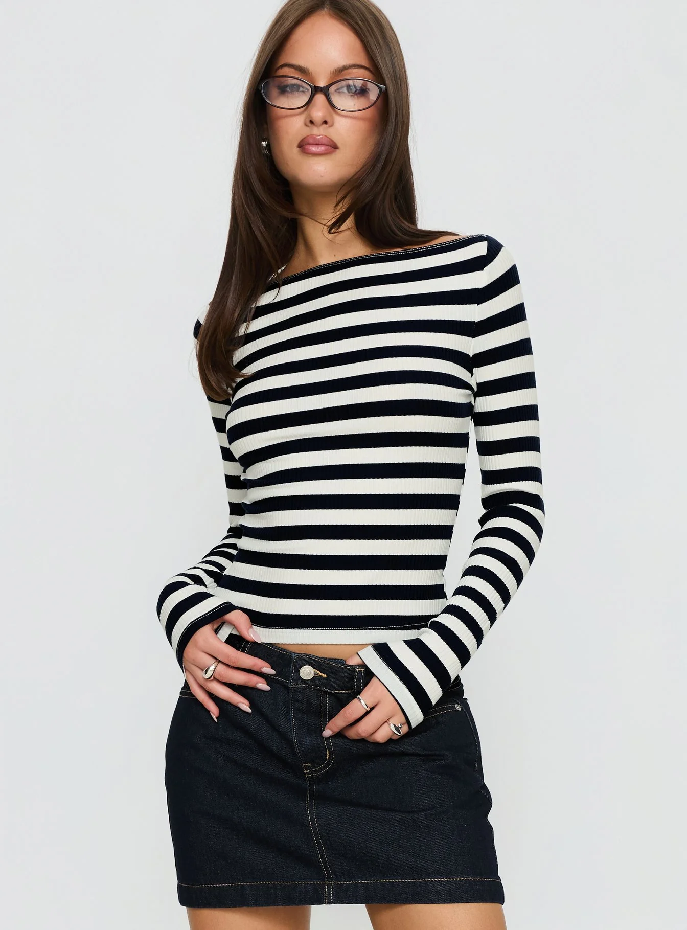 Tashana Long Sleeve Boat Neck Top Navy Stripe