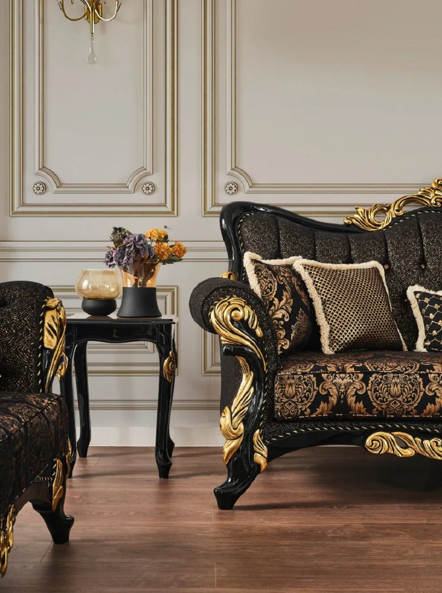 Luxury baroque side table brown / black / gold 46 x 44 x H. 60 cm - magnificent solid wood table with table top in marble look - baroque living room furniture
