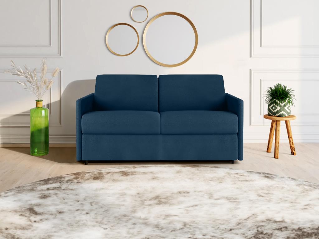 Sofá cama italiano 2 plazas de tela CALIFE - Azul oscuro - Cama 120 cm - Colchón 14 cm