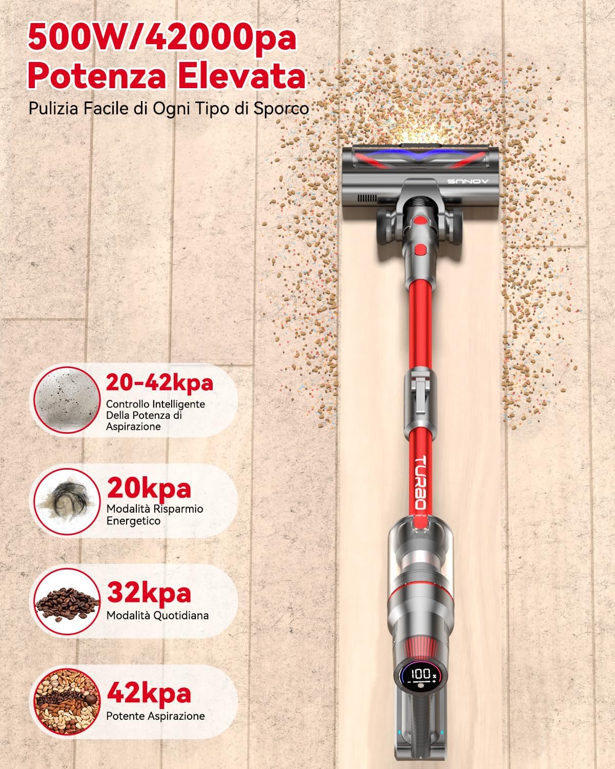aonus A9 Pro 500W/42Kpa/60Mins Aspirapolvere senza Fili Pieghevole, Scopa Elettrica senza Fili Potente, LED Touchscreen, Anti-Avvolgimento, 99.99% Filtrati, per Pavimento Tappeto Peli Animali