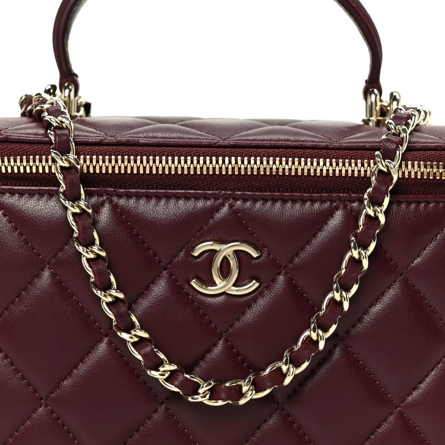Lambskin Quilted Small Top Handle Vanity Case With Chain Burgundy - Top Club