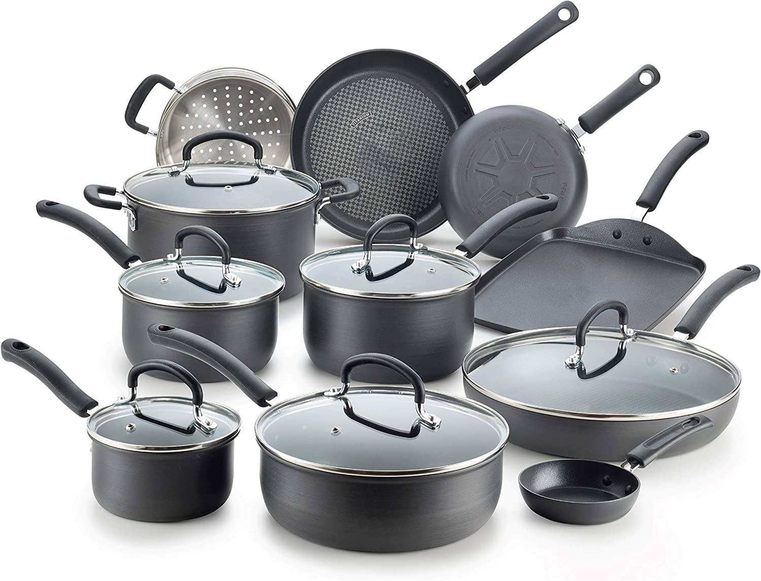Ultimate Hard Anodized Nonstick Cookware Set, 17 Piece Pots and Pans, Dishwasher Safe, Black