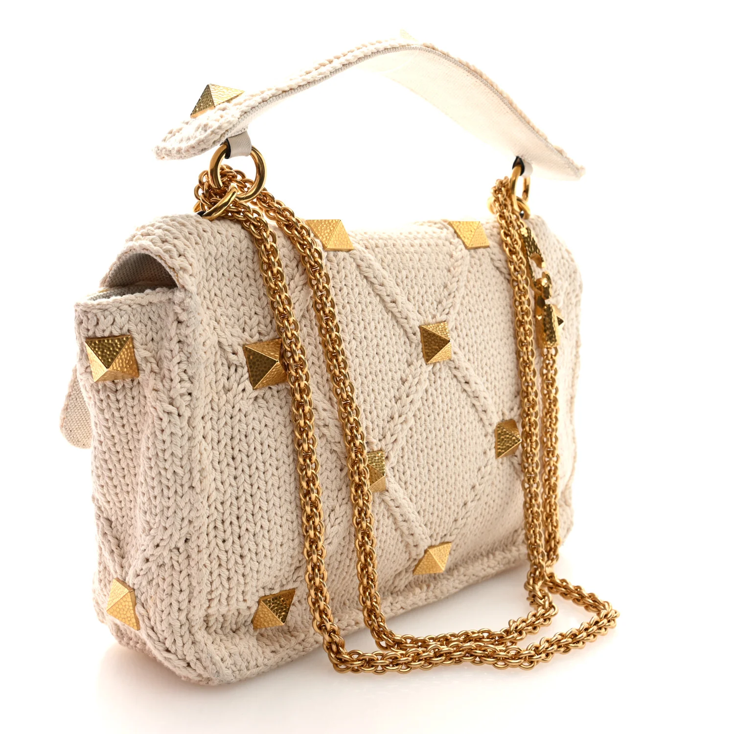 Knit Large Roman Stud Shoulder Bag Ecru - Top Club