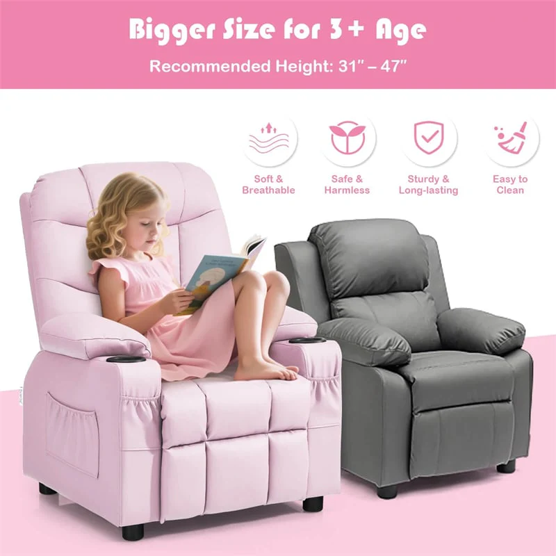 Kids Recliner Chair PU Leather Adjustable Lounge Sofa with Cup Holder, 3 Pockets & Retractable Footrest, Ergonomic Toddler Furniture Sofa