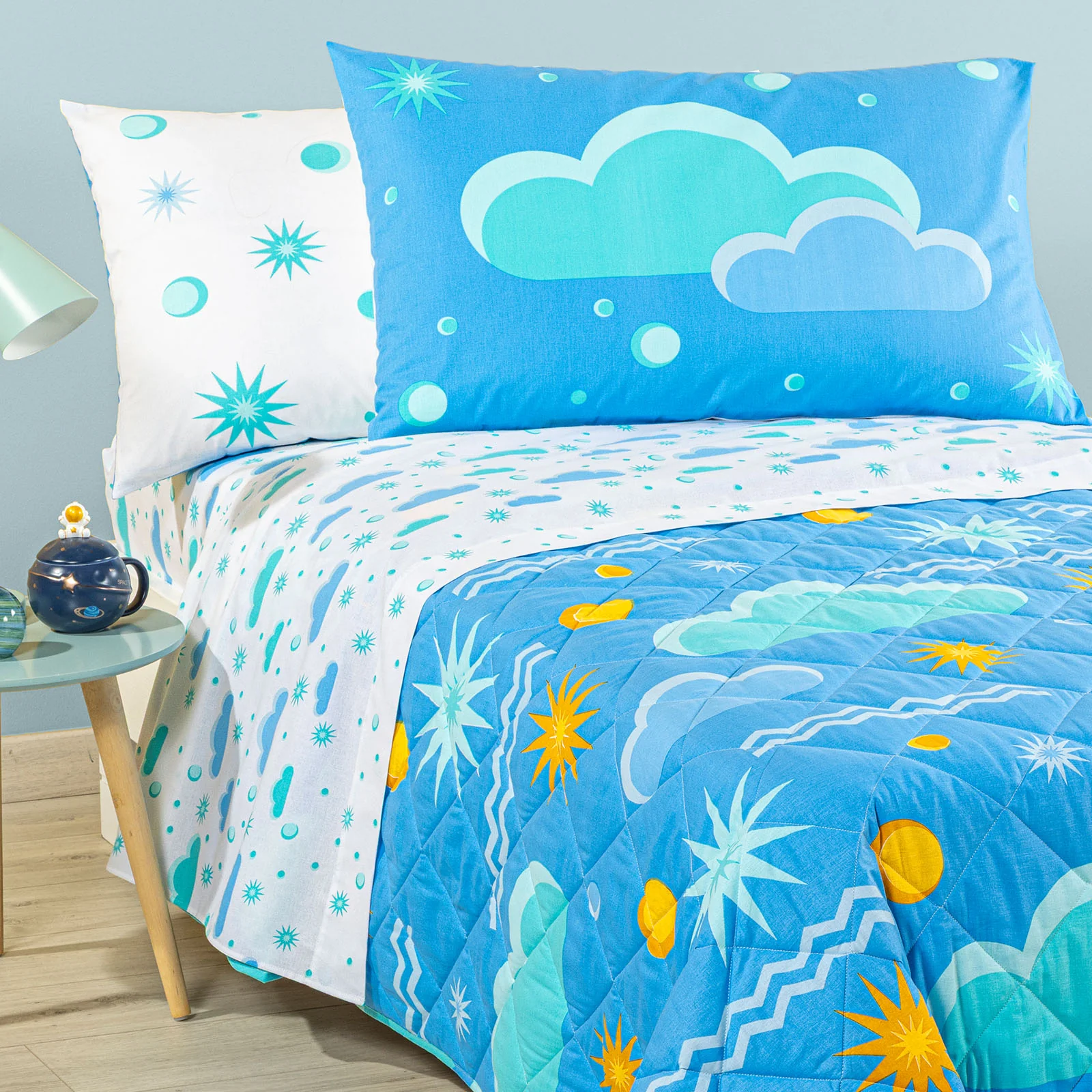 Copriletto Trapuntato In Cotone Magica Notte Piazza E Mezza Azzurro Caleffi Kids