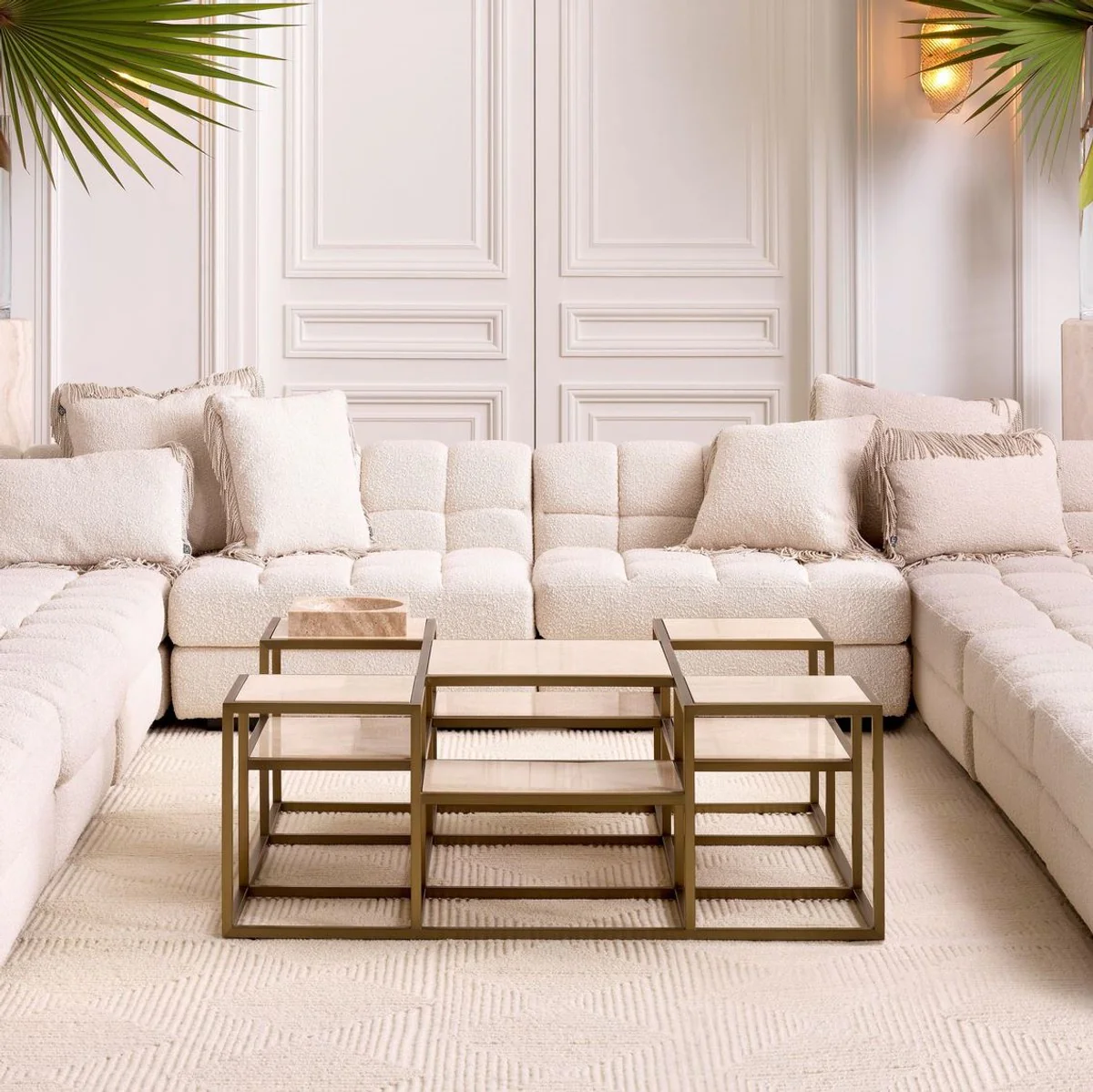 Luxury coffee table brass / beige 120 x 120 x H. 41.5 cm - Square stainless steel living room table with travertine table tops - Living room furniture - Luxury furniture - Luxury furnishings