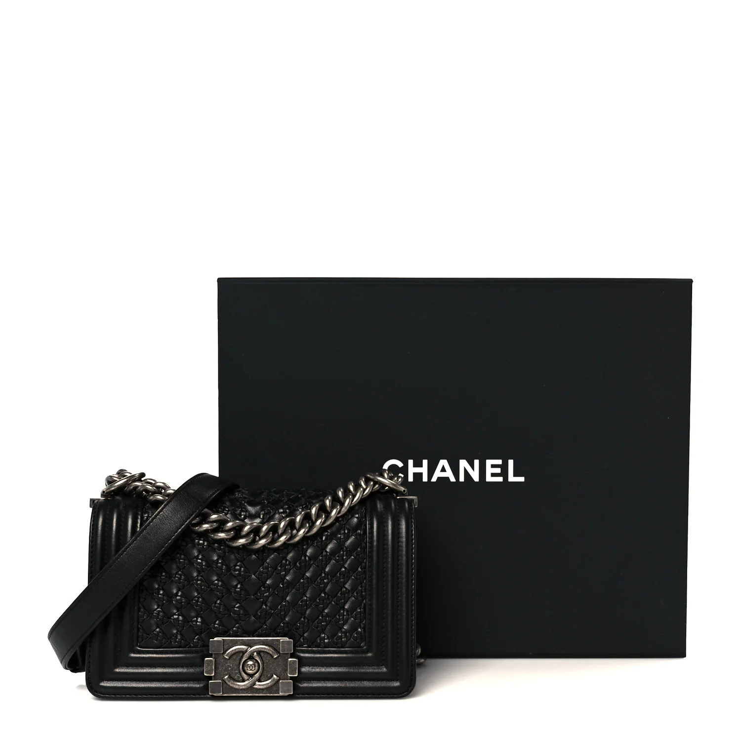 Lambskin Braided Woven Small Boy Flap Black - Top Club