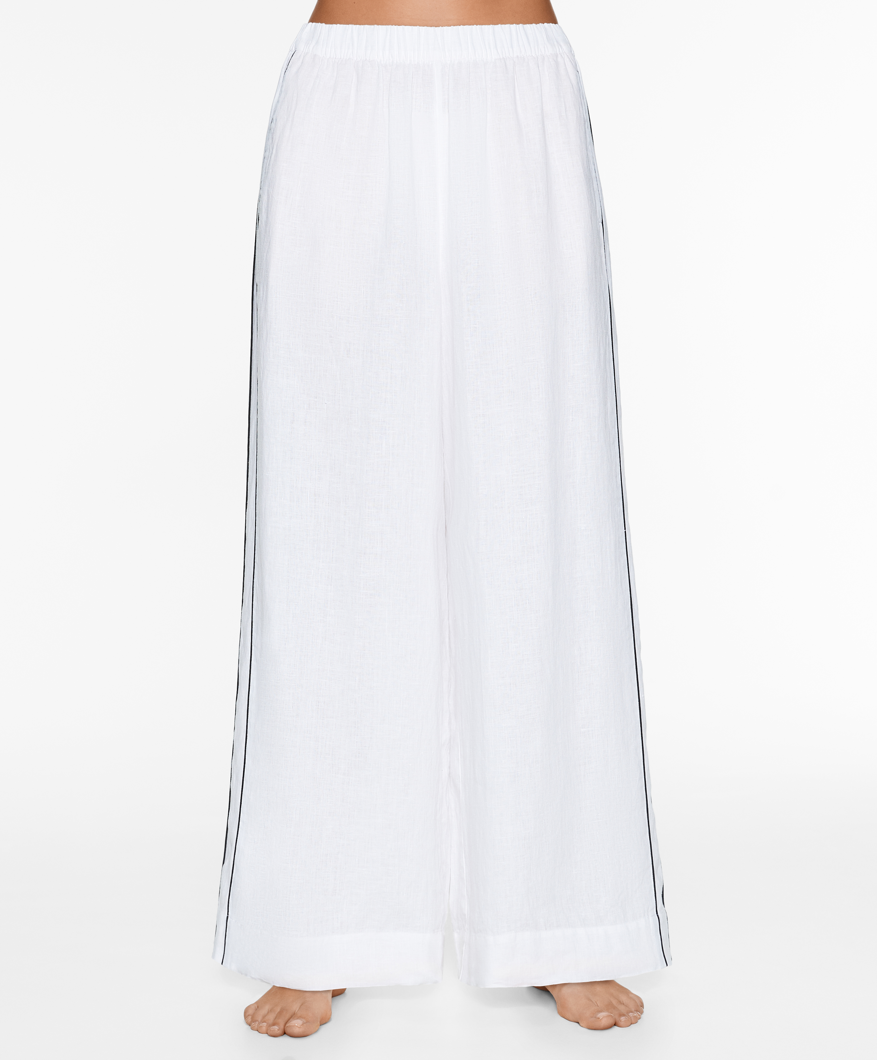 OYSHO 100% linen wide straight-leg trousers with piping