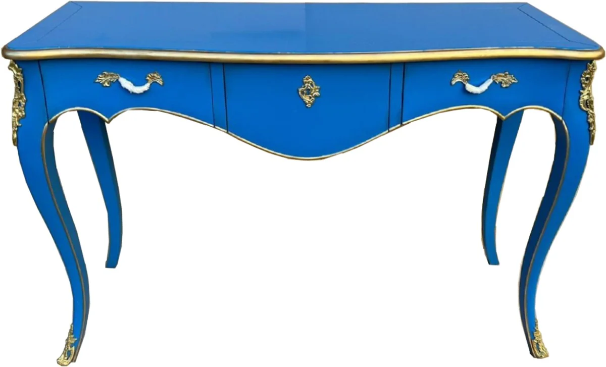 Baroque secretary with 3 drawers blue / gold - handmade solid wood desk in baroque style - baroque office furniture