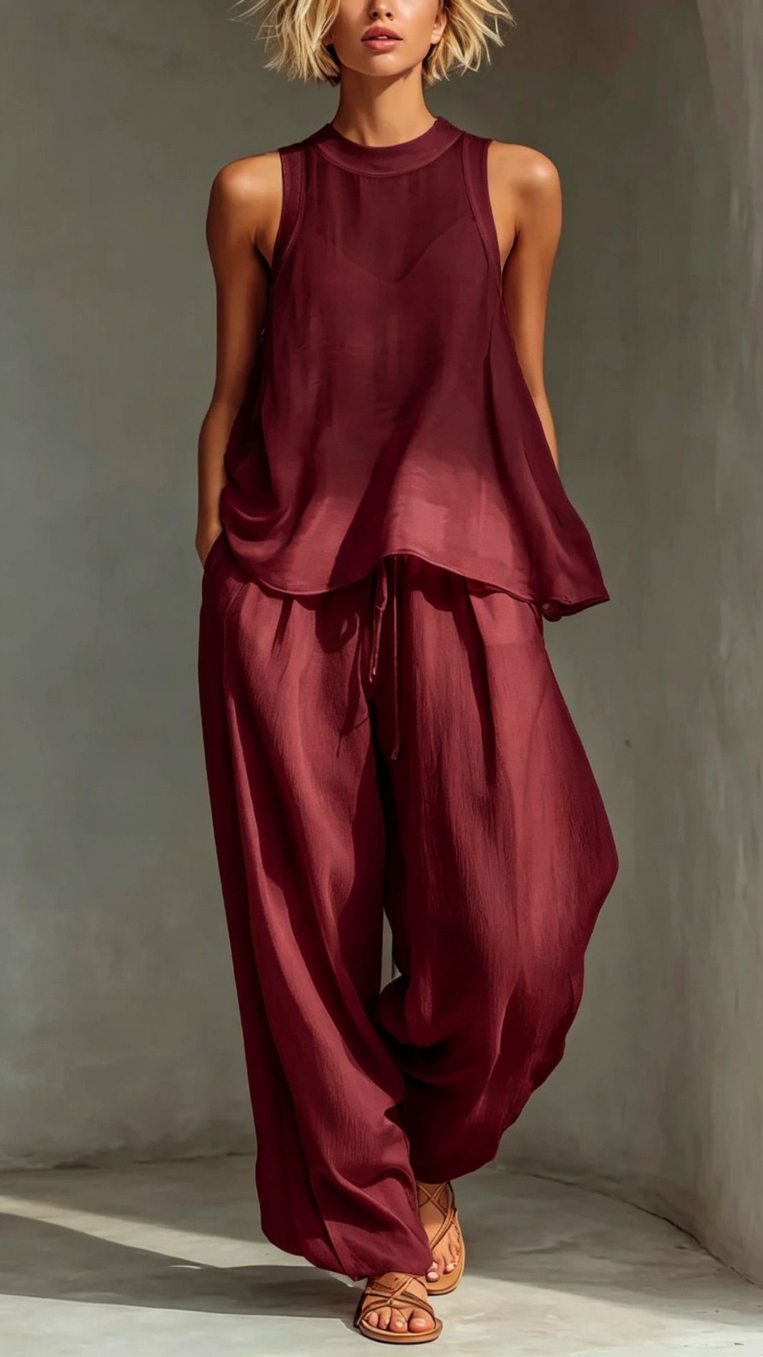 Women's Chiffon Semi-Sheer Round Neck Sleeveless Vest Drawstring Wide-Leg Pants Loose Fit Suit - Nordfashionstorm - Women's Clothing, Fashion for You - Nordfashionstorm.com