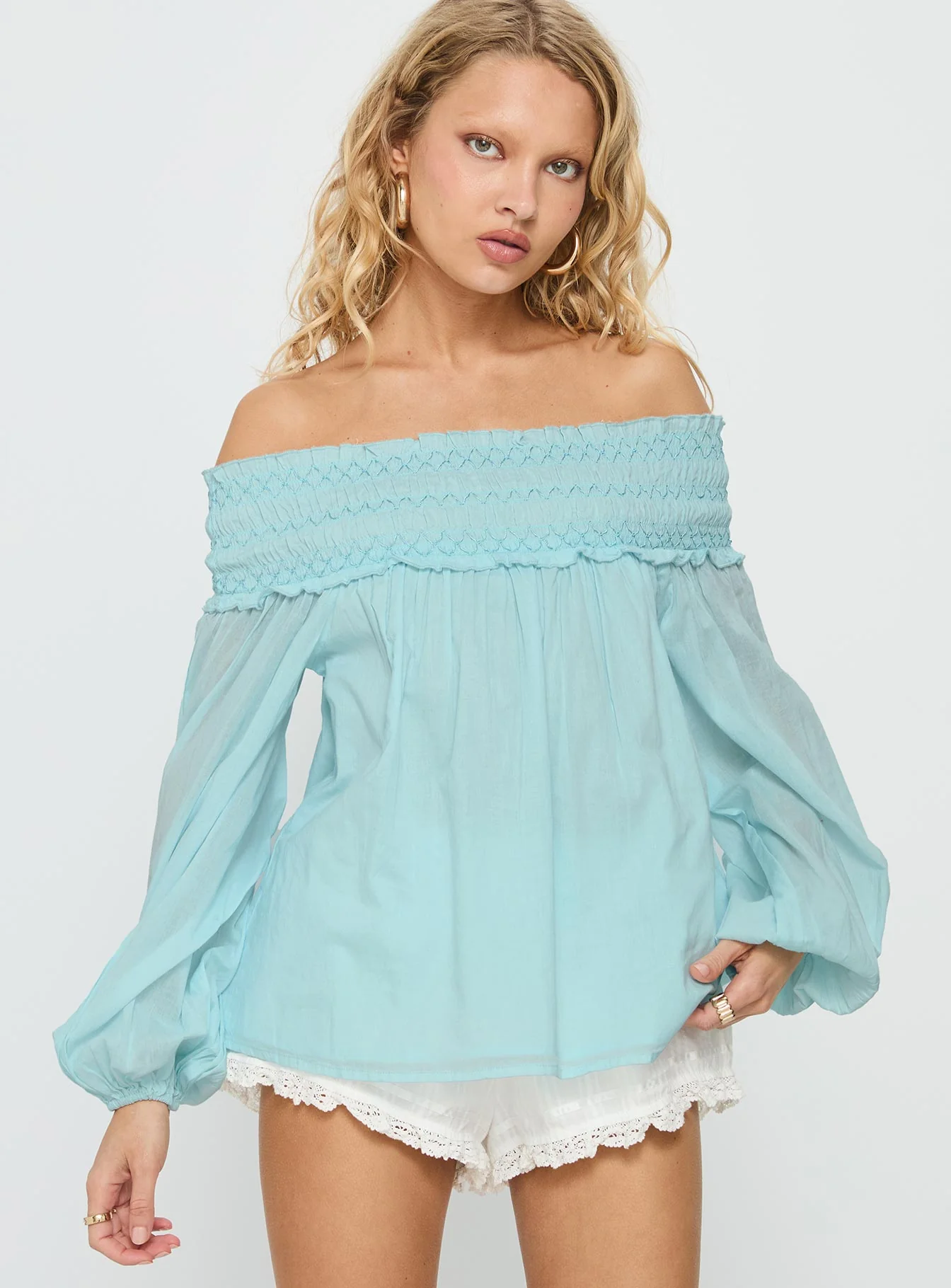 Heidy Off Shoulder Shirred Long Sleeve Top Blue