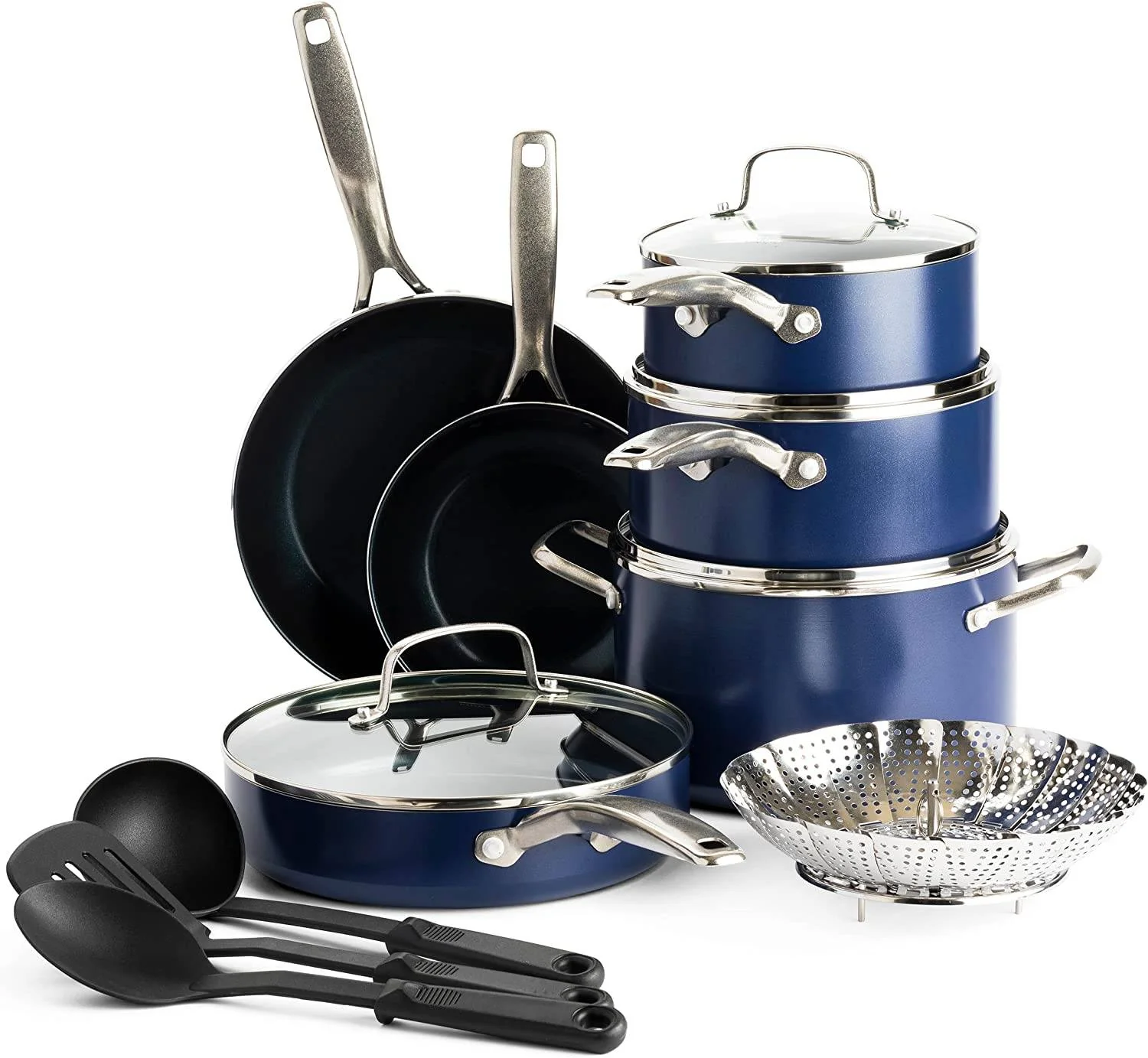 Diamond Cookware Diamond Infused Ceramic Nonstick Cookware Set, 14 Piece Pots and Pans, PFAS Free, Dishwasher Safe, Oven Safe, Blue