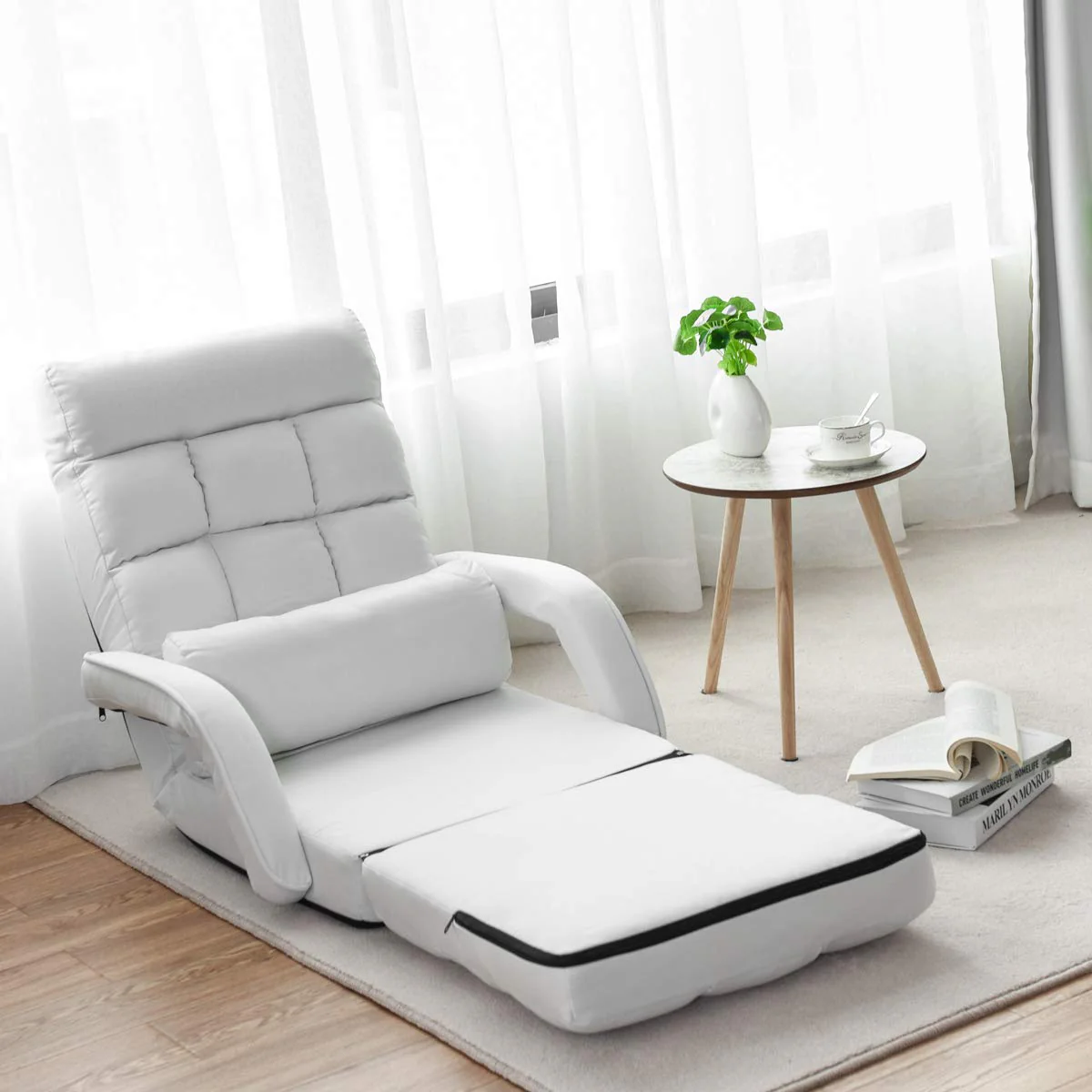 BEFOUNDLOVELY Folding Floor Chair with 6-Position Adjustable Backrest, Armrests & Removable Pillow