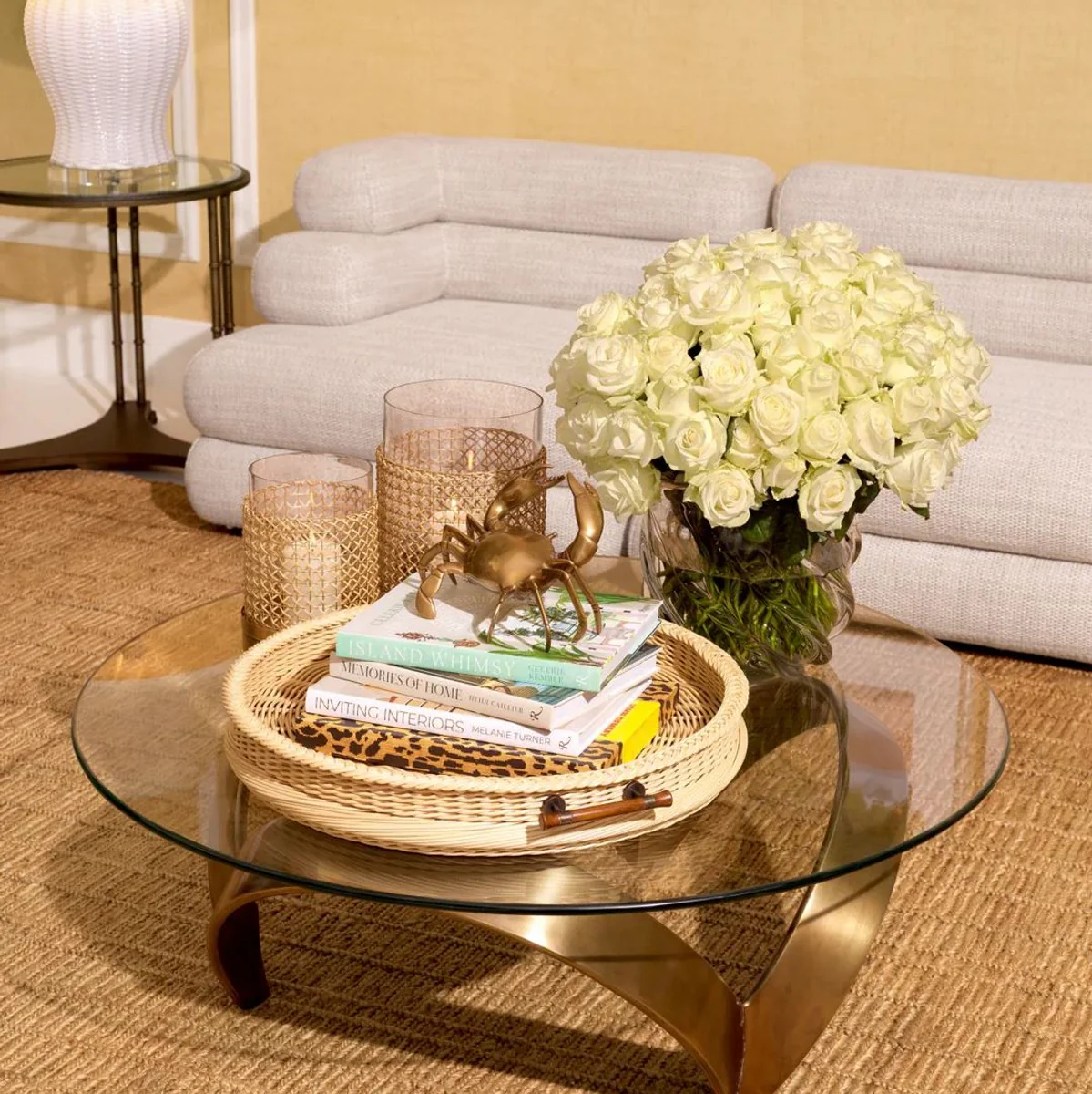 Luxury coffee table vintage brass Ø 110 x H. 36.5 cm - Round aluminum living room table with glass top - Living room furniture - Hotel furniture - Luxury furniture - Luxury collection