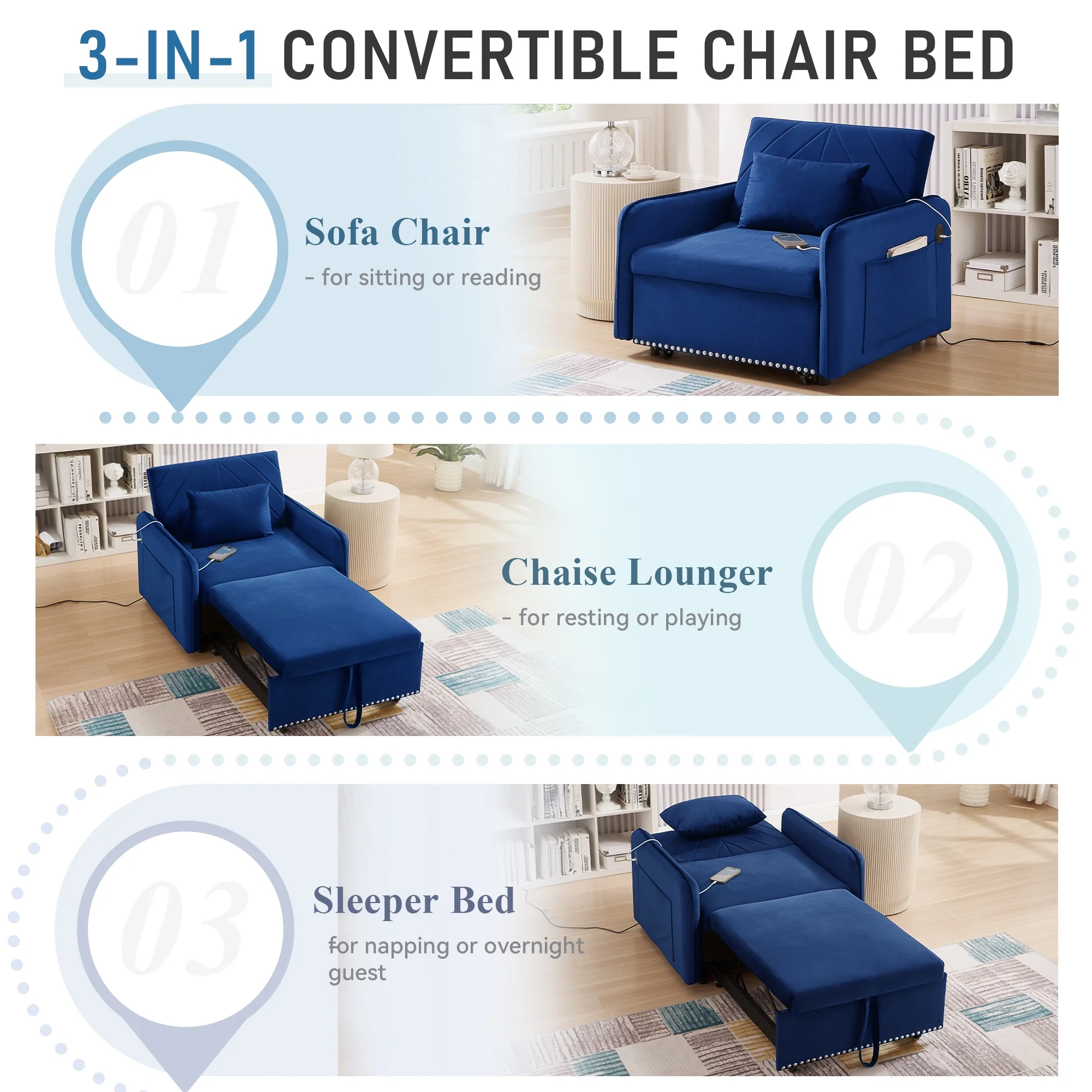 Lunale 3 - in - 1 Convertible Sleeper Chair Bed, Indoor Lounge Chair with USB/Type - C Charging Ports, Modern Recliner Sofa for Living Room, Gray Velvet
