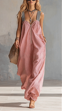 Women's Cotton‑blend Pink Fine‑striped Contrast‑strap Zip‑up Loose Jumpsuit - Nordfashionstorm - Women's Clothing, Fashion for You - Nordfashionstorm.com