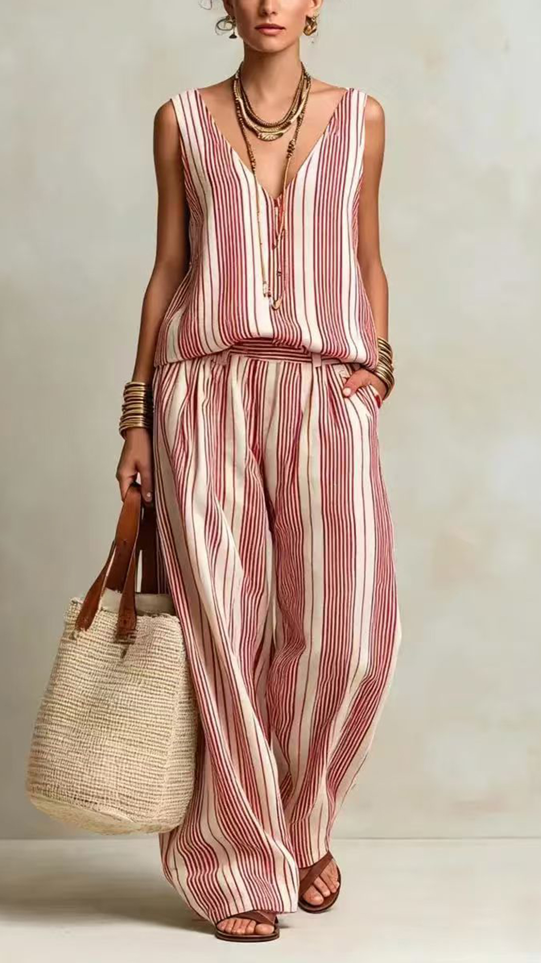 Women's Cotton-Blend Blue and White Vertical Striped Loose Sleeveless Set - Nordfashionstorm - Women's Clothing, Fashion for You - Nordfashionstorm.com