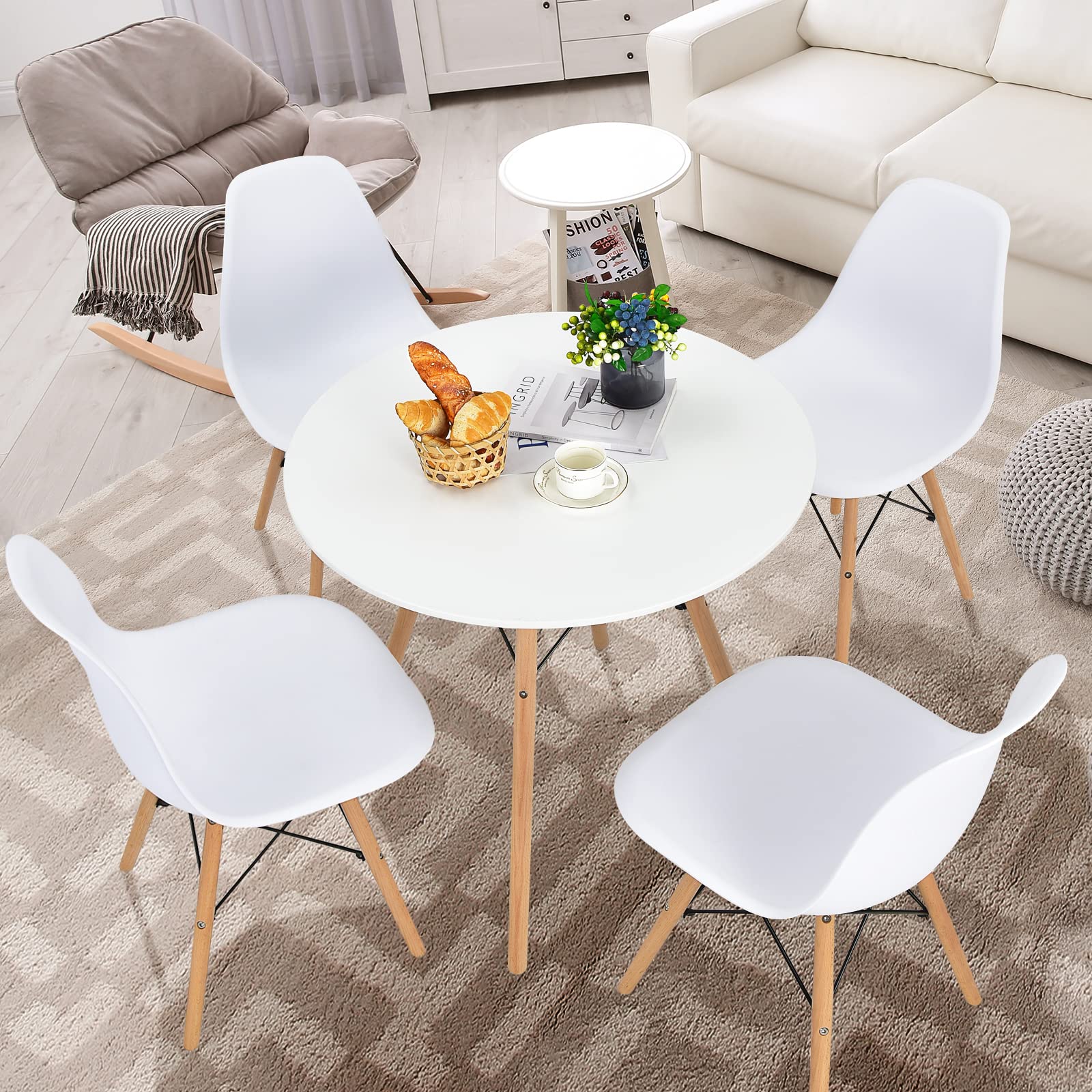 BEFOUNDLOVELY Round Dining Table Set for 4, Modern Circle Kitchen Table & 4 Chairs with Ergonomic Seats and Solid Wood Legs
