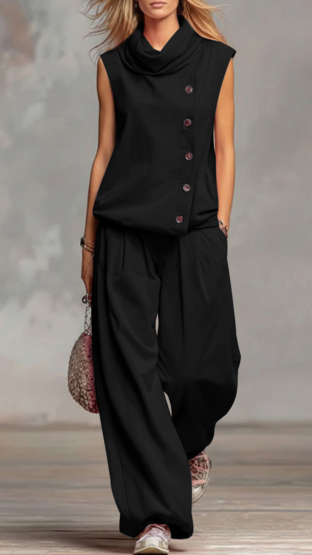 Women's Cowl Neck Sleeveless Top & Wide-Leg Pants Set - Nordfashionstorm - Women's Clothing, Fashion for You - Nordfashionstorm.com