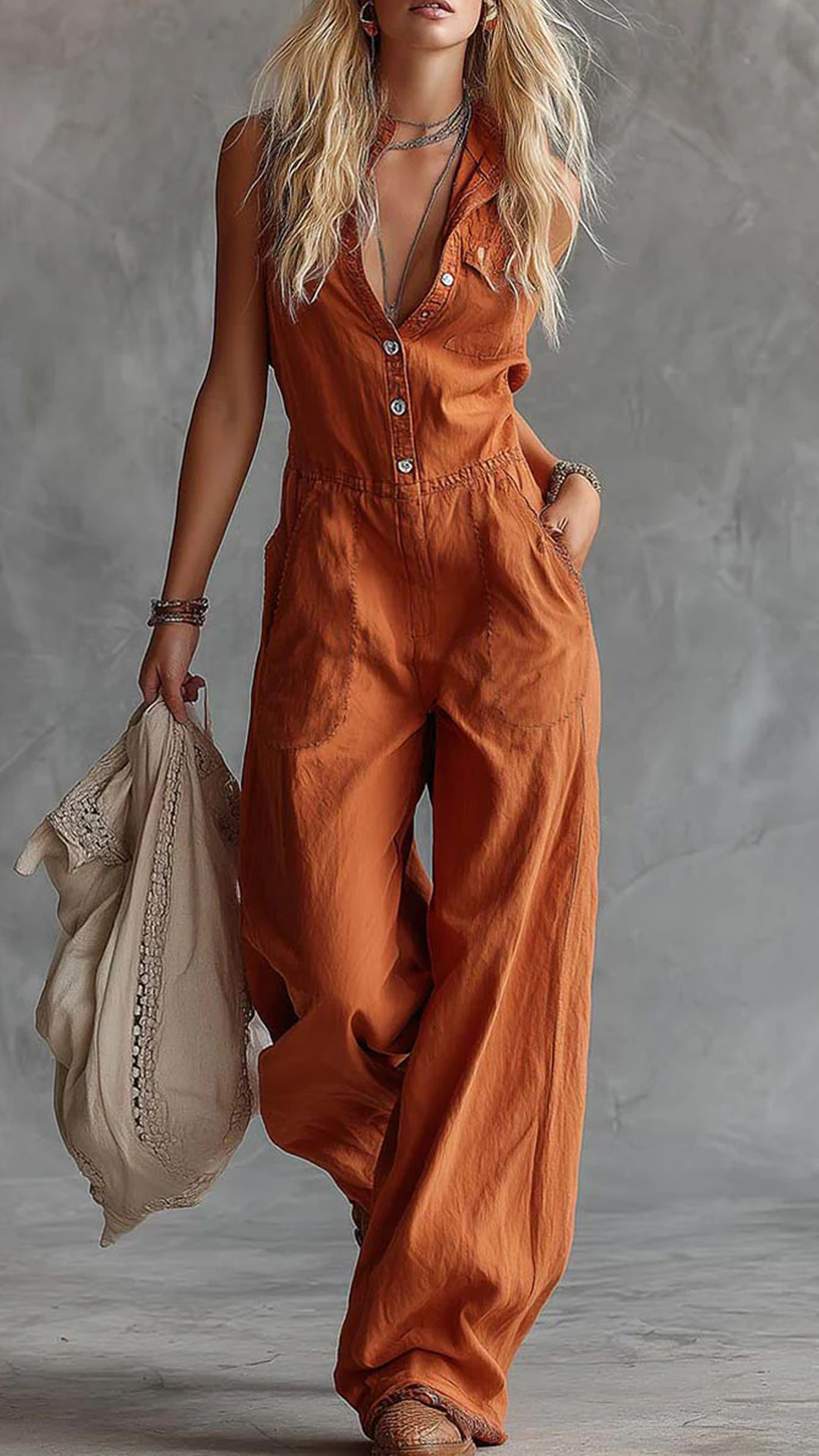 Women's Solid Color Shirt Collar Sleeveless Casual Loose Cotton And Linen Wide-leg Jumpsuit - Nordfashionstorm - Women's Clothing, Fashion for You - Nordfashionstorm.com