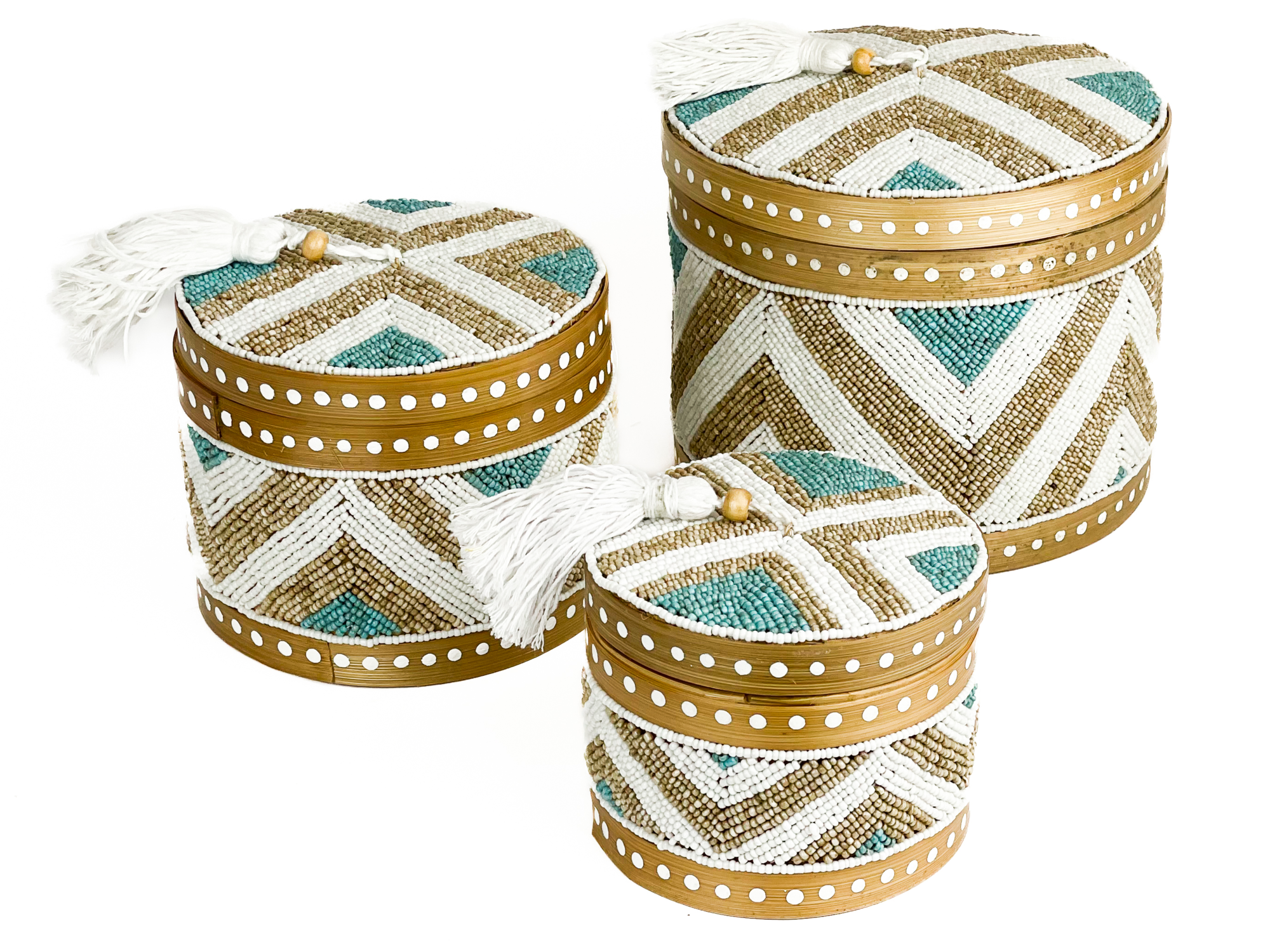 Set bamboe offermanden kraaltjes rond wit/goud/turquoise