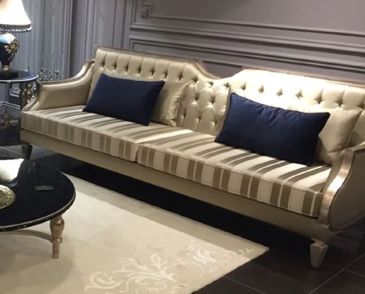 Luxury Baroque Sofa Gold / White / Antique Silver - Handmade Living Room Sofa with Stripes - Baroque Living Room Furniture - Noble & Magnificent