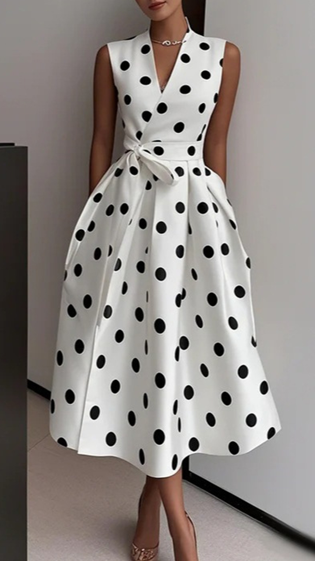 Women's Cotton-Blend V-Neck Polka Dot Tie-Waist Sleeveless Midi Dress - Nordfashionstorm - Women's Clothing, Fashion for You - Nordfashionstorm.com